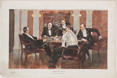 Un enfrentamiento - En los 400. Sangre azul jugando por fichas azules, lámina 6 de una serie de póker, pub. por la Truth Company, Nueva York, 1895 de Albert Beck Wenzell